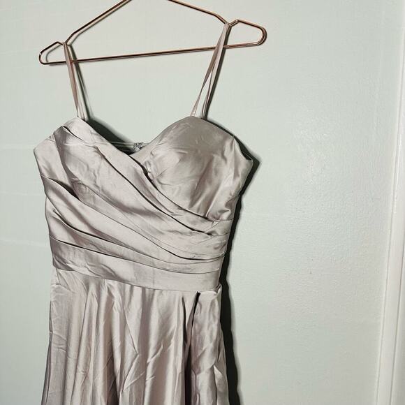 La Femme Pleated Bodice Strapless Silver Satin High Slit Gown Dress size 12 - Picture 7 of 16